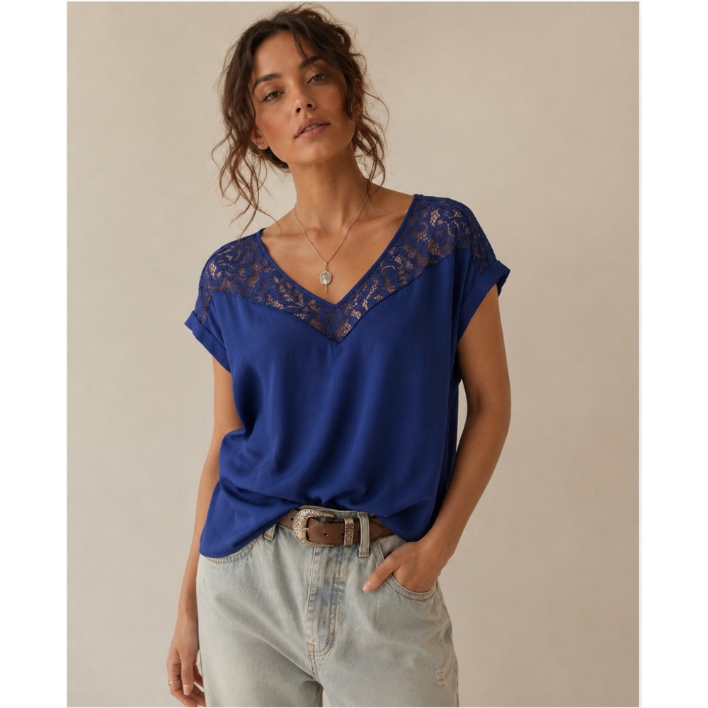 Express Lace Yoke Blouse Womens Large Blue Cap Sleeve V-Neck‎ Top NWT